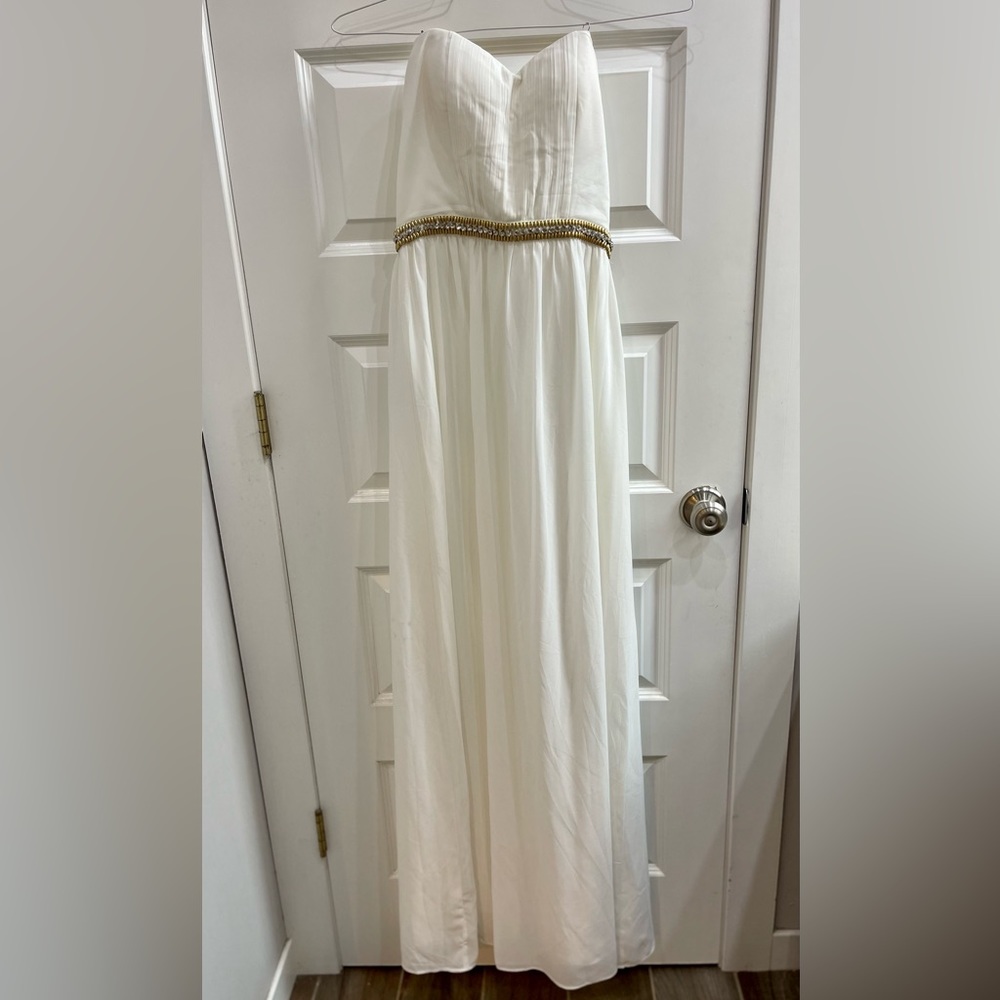 White Chiffon strapless gown with gold appliqués size S
